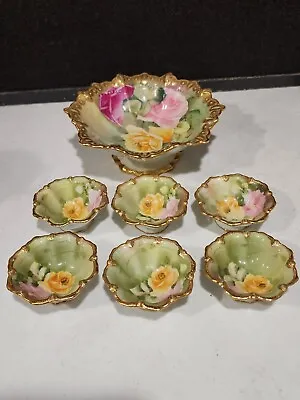 Antique Hand Painted Nippon Yellow Rose Nut Bowl 7 Piece Set Gold Beaded Jeweled • $140.62