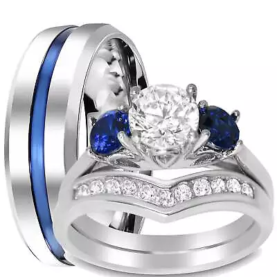 His And Her Wedding Ring Set Blue White Silver Couples Rings Bride Groom His Her • $59.99