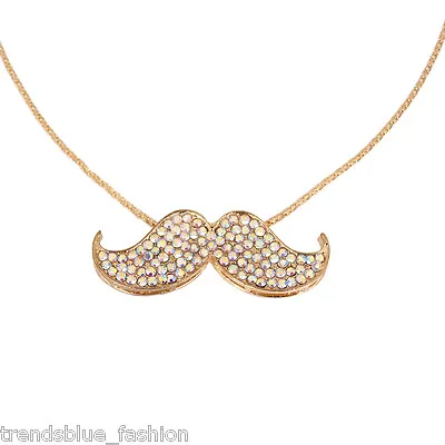 Elegant Gold Tone Crystal Rhinestone Mustache Charm Pendant Long Necklace • $7.99
