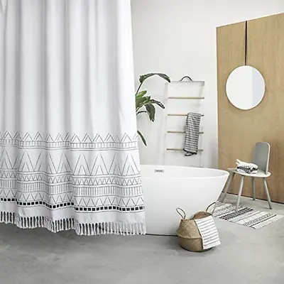 $27.67 • Buy Tassel Fabric Shower Curtain, Black White Geometric Boho Striped Nordic Chic Pol