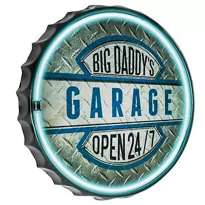 Vintage Retro BIG DADDY'S GARAGE Wall Sign Plaque Round Lighted Faux Neon W/USB  • $59.60