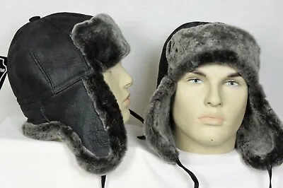 Black GrayAsh 100% Sheepskin Shearling Leather Hat Trapper Ushanka Hunting M-3XL • $29