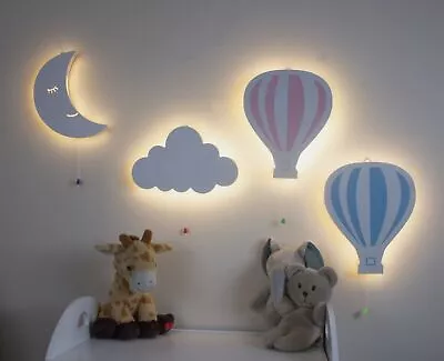 Kid's Night Lights Home Moon Balloon Wooden Nursery Wall Lamp Cloud Baby Decor • £14.99