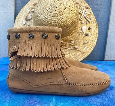 Minnetonka Moccasins 697T Double Fringe Boot Side Zip Suede Size 7.5 New No Box • $22.95