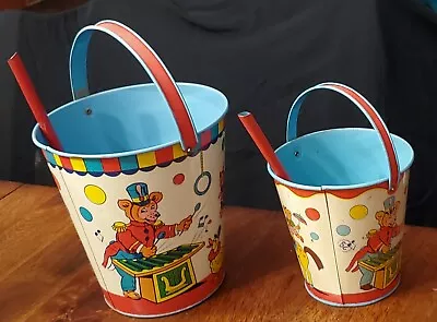 2 J Chein Pail Pale Sand Buckets & Shovels Circus Elephant Litho Vintage 5  & 7  • $125