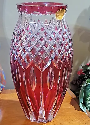 Rare Val St Lambert Large Cranberry Rub Cut2Clear Crystal Vase Signed 12  • $450