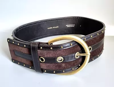 Karen Millen Chocolate Brown Leather & Suede Wide Brass Buckle Belt Cinch Small • £15