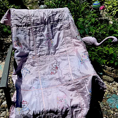 Vtg Pink Satin Hand Sewn Embroidered Quilt Baby Blanket 12 Blocks Signed 34x45” • $29.99