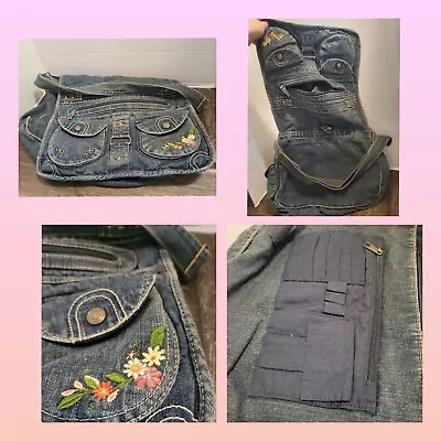 VTG Y2K Floral Stitched Denim Jean Sling Crossbody Backpack Book Bag • $32