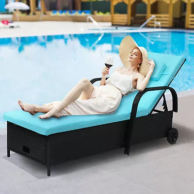 Outdoor Chaise Lounge Storage Chair Adjustable Rattan Wicker Patio Pool Lounger • $159.62