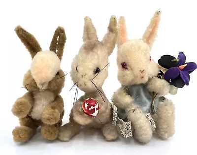 Ara Austria Rabbit X 3 Wool Plush Chenille Stem 2.75 To 3.5in 1960s Easter Vtg • $18