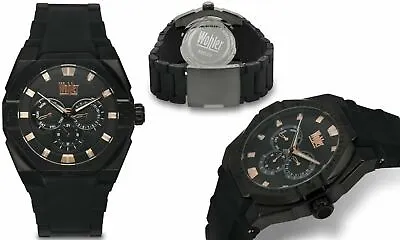 NEW Wohler 0348M Men's Reinhard Day/Date GMT Rose Gold Accent Black Rubber Watch • $50.30