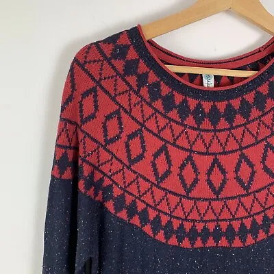 Weird Fish Knit Jumper Dress Size UK 16 Fair Isle Yoked Long Sleeve Navy Red • £22.50