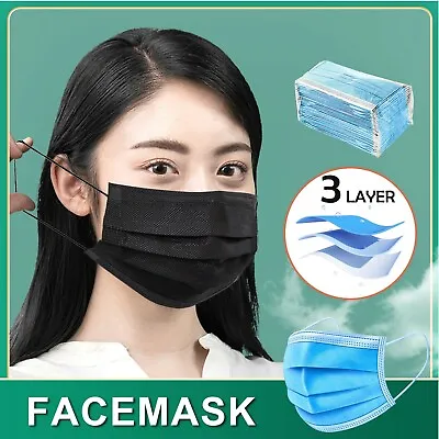 Disposable Face Mask Protective Masks 3 Layer Meltblown Filter BLACK / BLUE • $19.95