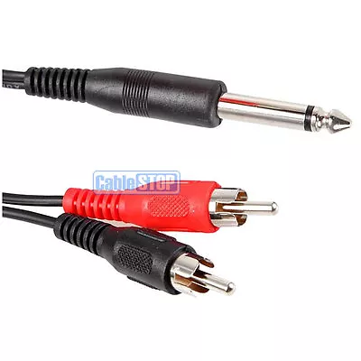 2 METRES 6.35mm MONO 2 X RCA PHONO SPLITTER CABLE 1/4  JACK 2M • £2.65