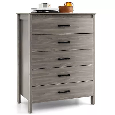 Modern 5 Drawer Chest Storage Dresser Cabinet W/ Metal Handles Grey Oak • $184.99