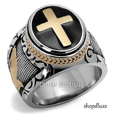 Men's Black & Silver Stainless Steel Christian Holy Cross Ring Size 8-14 • $18.99