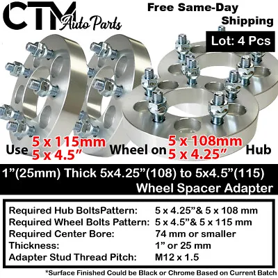 4x 1  Thick 5x4.25(108) To 5x4.5(115) Wheel Spacer Adapters Ford Lincoln Mercury • $82.79