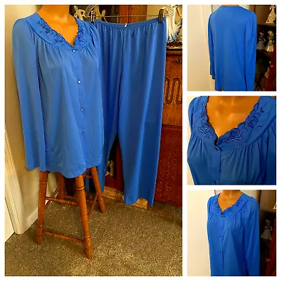 Vtg 70's Shadowline Blue Nylon W/ Embroidered Yoke Lounging Pajamas Sz 38-m • $24.99