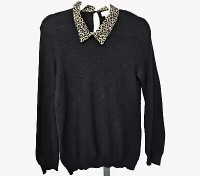 J Crew Cheetah Collar Sweater Womens Size M Long Sleeves Knit Black  • $15.88