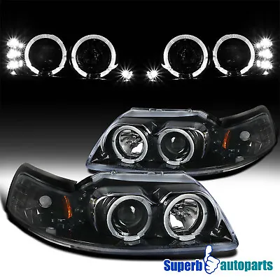Fits 1999-2004 Ford Mustang LED Dual Halo Polished Black Projector Headlights • $133.98