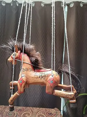 Vtg Thailand Folk Art Hand Made Painted Wooden Horse Marionette String Puppet • $115