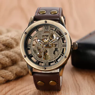 SHENHUA Steampunk Men's Wristwatch Automatic Mechanical Watch Brown Leather • $23.90