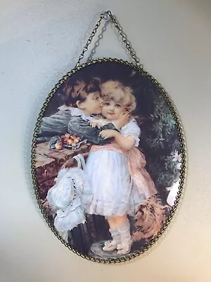 Vintage Victorian Boy Hugging Girl Oval Chimney Flue Cover & Metal Chain Border • $45