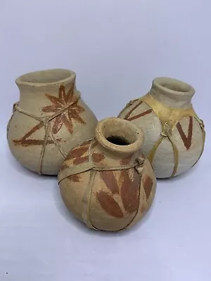 Vintage Mexican Pottery 3  Red Clay Pottery Bowls Planter’s Leather Straps • $25