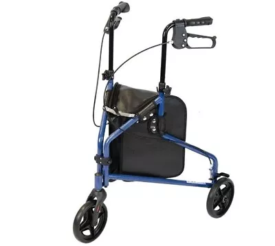 NRS Healthcare 3 Wheel Steel Rollator Walker Walking Aid With Bag Blue Brand New • £63.95