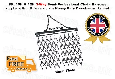 8 10 &12ft Wide X 5ft Deep 3-WAY Trailed Grass Chain Harrows 3 YEAR WARRANTY • £1360