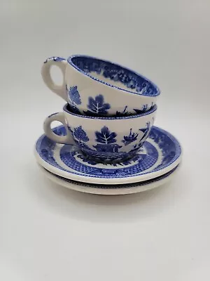 Buffalo China Blue Willow Tea Cup & Saucer 2 Sets Semi Vitreous Restaurant Ware • $28.99