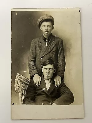 Antique RPPC Photo Handsome YOUNG MEN Hands On Shoulders Smoking Cigars Gay Int • $35
