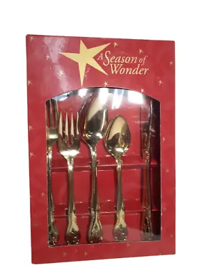 Vtg Gold Tone & Enamel Christmas Stainless Flatware Holly Berries  20  Piece Set • $70