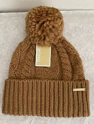 NWT Michael Kors Cable Knit Pompom Beanie Hat DARK CAMEL ONE SIZE • $12.99