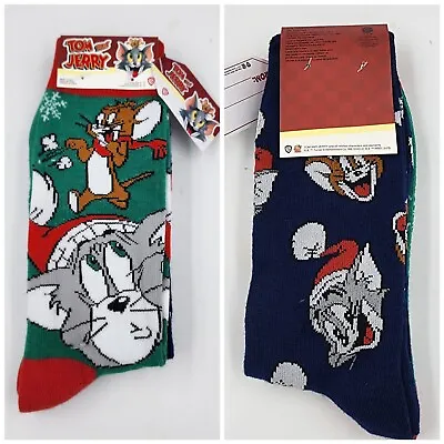 2 Pair Tom & Jerry Christmas Holiday Crew Socks Adult Shoe Size 6-12 S8 • $12.99