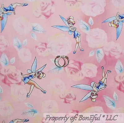$0.75 • Buy BonEful FABRIC Cotton Quilt Pink TINKERBELL Disney Flower Fairy Princess L SCRAP