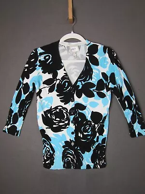 ECI New York Blue Black White Floral Cardigan Women's Button Up Size Small • $19