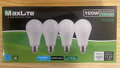 MaxLite E15A19D50/4P A19 100W Daylight 5000K Dimmable LED Bulbs - 4 Pack (B) • $11.99