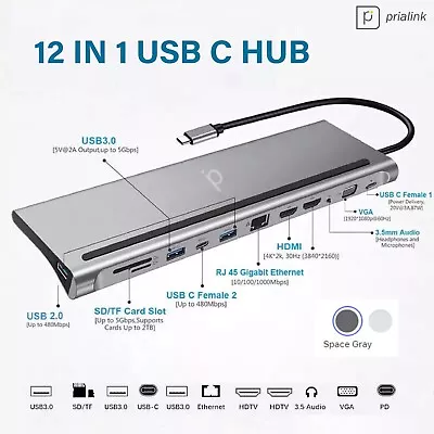 Prialink 12 In 1 USB C Laptop Docking Station USB 3.0 HDMI 4K VGA PD Hub MacBook • $42.34