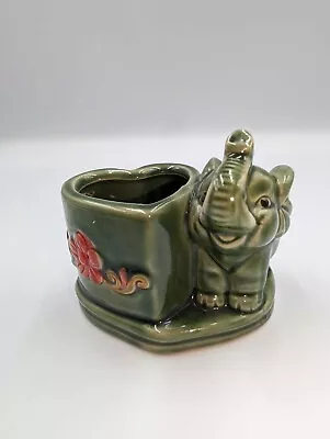 Vintage Majolica Jade Green Lucky Trunk Up Elephant Planter Bamboo Succulent • $16.99