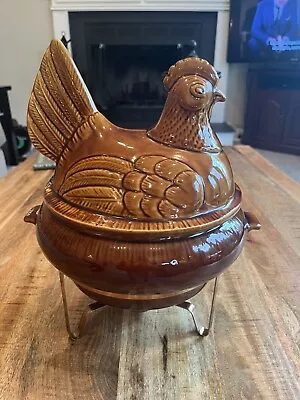 VTG California Pottery Hen Chicken Nest Food Warmer  & Copper Warmer Stand 70’s • $49.99