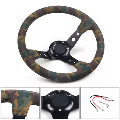 350mm 14inch Deep Dish 92mm 6 Bolt Racing Suede Camo Steering Wheel Horn Button • $71.39