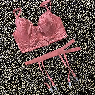 Rachel Rachel Roy Coral Pink Lace Bra & Garter Belt Set Sz 36C/L • £38.56