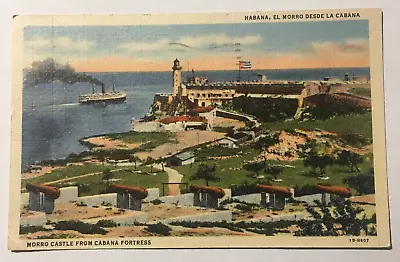 Cuba Habana Vintage Linen Postcard Morro Castle Fortress Ship Flag Lighthouse • $4.95