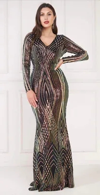 £85 • Buy Goddiva Womens Two Toned V Neck Sequin Black Maxi Dress Size 16 UK RRP £115