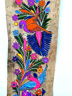 MEXICAN BARK PAINTING AMATE BIRDS  FLOWERS 23   X 7 1/2  GUERRERO MEXICO • $20.95