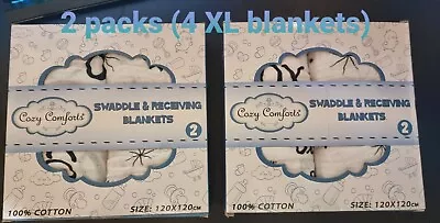 2x 2pack ~ XL ~ Premium Muslin Swaddle & Receiving Blankets ~ 4 X 120x120cm • £15.29