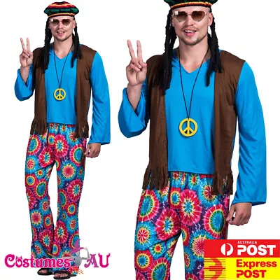 Mens Peace The Hippie 60s 70s Costume Hippy 1960s 1970s Groovy Retro Blue Disco • $28.49