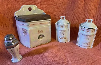 Vintage Lot 3 Iridescent Luster Ware Ceramic Salt Box & Spice Canisters • $25